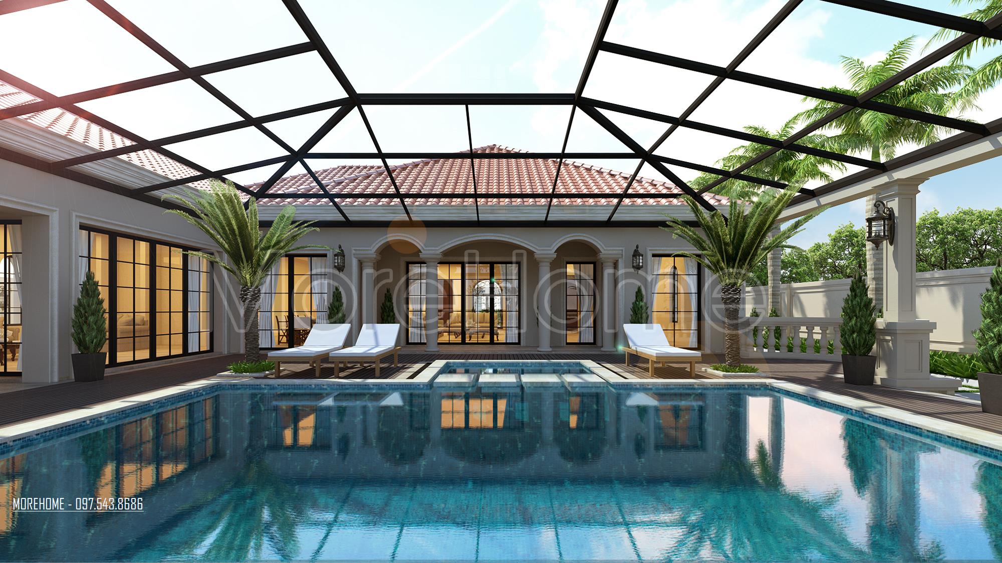 Mẫu thiết kế biệt thự nhỏ đẹp có hồ bơi tiện nghi theo phong cách tối giản 1