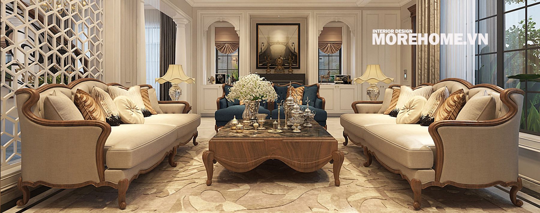 Thiết kế nội thất biệt thự tân cổ điển từ gỗ óc chó cao cấp tại Vinhomes RiverSide Hà Nội