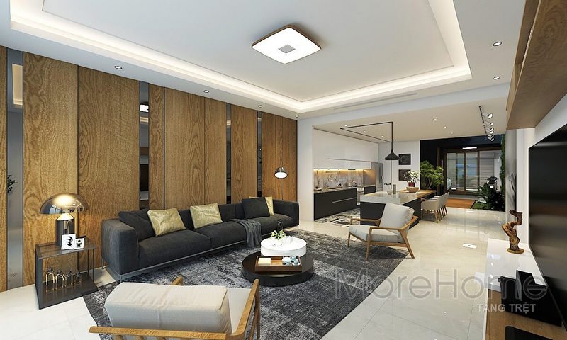 Nội thất sofa bọc vải dài hiện đại với tông màu tối giúp không gian phòng khách hài hòa về màu sắc trong phòng Tuyển chọn các mẫu thiết kế sofa phòng khách đẹp xuất sắc hiện nay