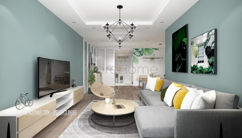 Sofa chữ I bọc nỉ Bỉ cao cấp kết hợp cùng một chiếc bàn trà gỗ nhỏ tròn chân sắt được kê ngay chính giữa nền thảm trải sàn hình họa tiết đồng tâm tạo được sự tập trung của người nhìn ở không gian phòng khách Tuyển chọn các mẫu thiết kế sofa phòng khách đẹp xuất sắc hiện nay