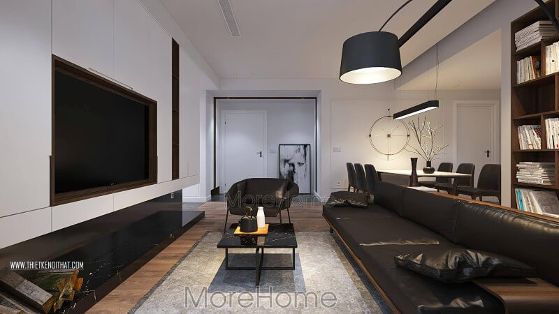 Điểm nhấn của phòng khách này là bộ sofa da gỗ màu đen cao cấp tạo điểm nổi bật giữa căn phòng với tông màu trắng làm chủ đạo Tuyển chọn các mẫu thiết kế sofa phòng khách đẹp xuất sắc hiện nay