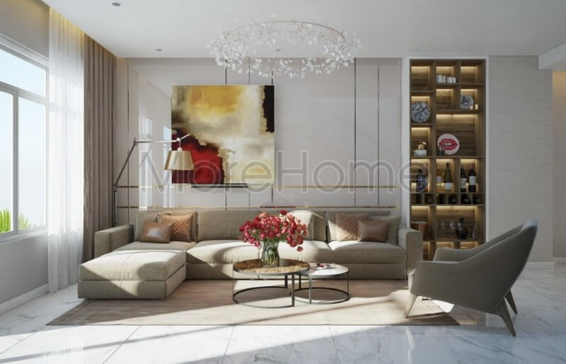 Nội thất sofa chữ L phòng khách với tông màu ghi sáng bọc nỉ điểm nhấn ấn tượng cho phòng khách Tuyển chọn các mẫu thiết kế sofa phòng khách đẹp xuất sắc hiện nay