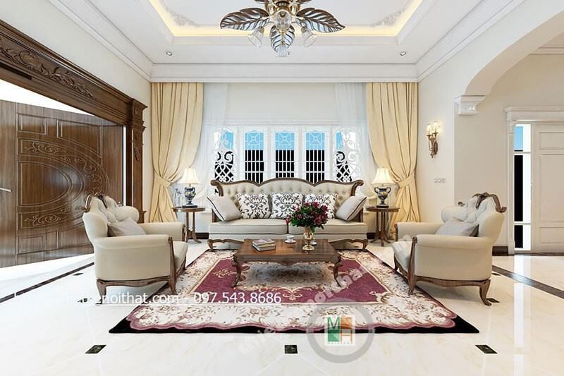 Mẫu sofa phòng khách gỗ tự nhiên bọc vải với đường nét tân cổ điển tinh tế tạo điển nhấn cho căn phòng Tuyển chọn các mẫu thiết kế sofa phòng khách đẹp xuất sắc hiện nay