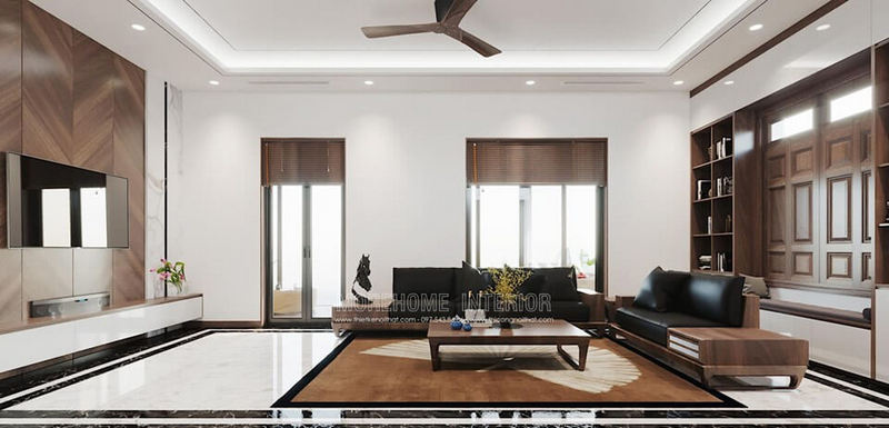 Thiết kế nội thất gỗ phòng khách cho nhà phố hiện đại sang trọng Thiết kế nội thất phòng khách gỗ nhà phố đẹp, quý phái