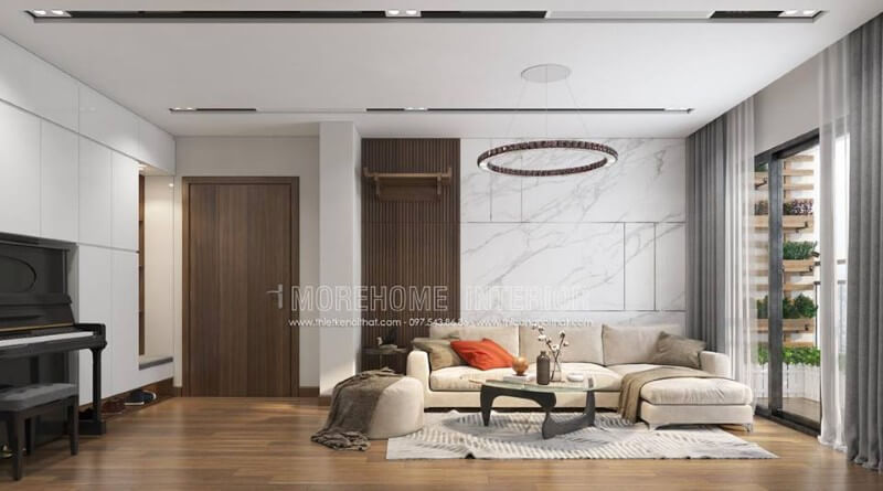 Bộ sofa vải chữ L màu trắng được đặt ở không gian phòng khách tôn lên vẻ đẹp hiện đại cho không gian Top những mẫu sofa phòng khách hot nhất