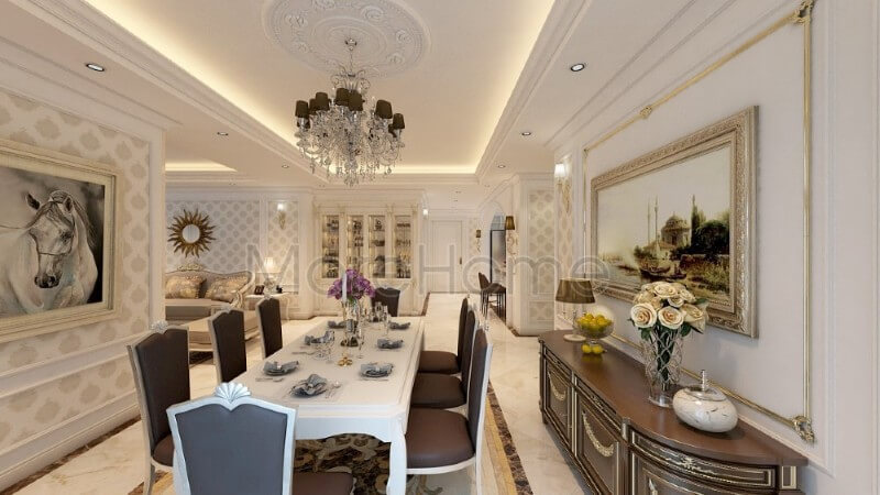 Trang trí nội thất phòng ăn ấn tượng với tone màu nâu trầm được sử dụng mang lại vẻ đẹp ấm áp và gần gũi cho không gian dùng bữa của gia chủ Thiết kế nội thất phòng ăn tân cổ điển