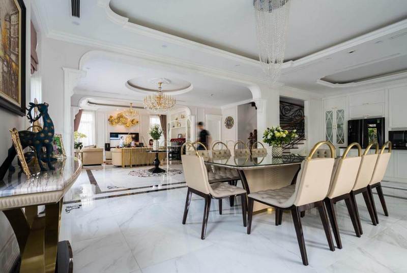 Bộ bàn ăn 10 ghế tân cổ điển bọc da sang trọng thiết kế đặc biệt dành riêng cho biệt thự Thiết kế nội thất phòng ăn tân cổ điển
