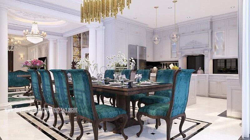 Thiết kế nội thất phòng ăn biệt thự tân cổ điển liền kề khu vực nhà bếp tạo sự tiện dụng cho gia chủ trong quá trình sử dụng Thiết kế nội thất phòng ăn tân cổ điển