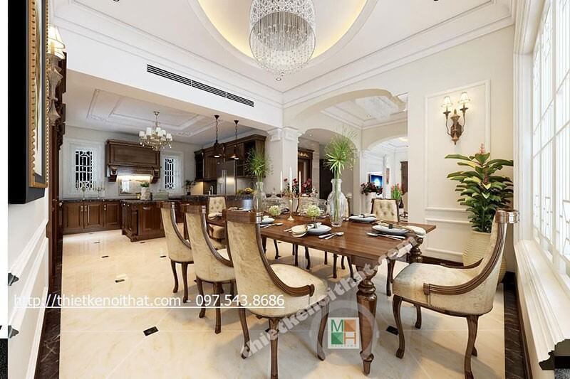 Thiết kế nội thất phòng ăn tân cổ điển với nội thất gỗ tự nhiên cao cấp kết hợp cách trang trí cây xanh mang lại không gian thoải mái cho căn phòng Thiết kế nội thất phòng ăn tân cổ điển