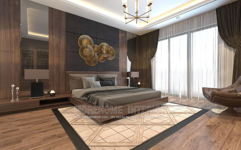 Lựa chọn tone màu nâu trầm ấn tượng, giường ngủ gỗ công nghiệp khơi gợi cảm giác ấm cúng và thư thái nhất cho người nằm trên đó