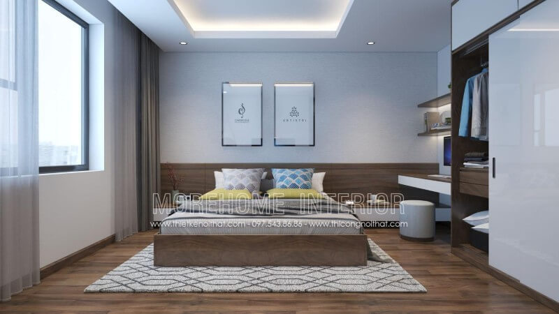 Giường ngủ gỗ Veneer đẹp với gam màu nâu gợi cảm giác trầm ấm cho không gian phòng ngủ nhà phố