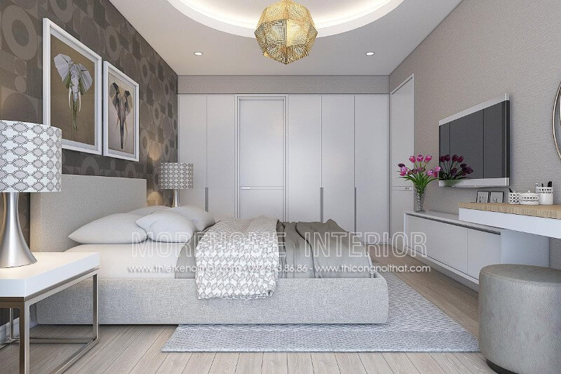Thiết kế giường ngủ chung cư hiện đại kết hợp gam màu xám chủ đạo tạo điểm nhấn lạ mắt cũng như cảm giác thoải mái nhất cho mỗi giấc ngủ sâu