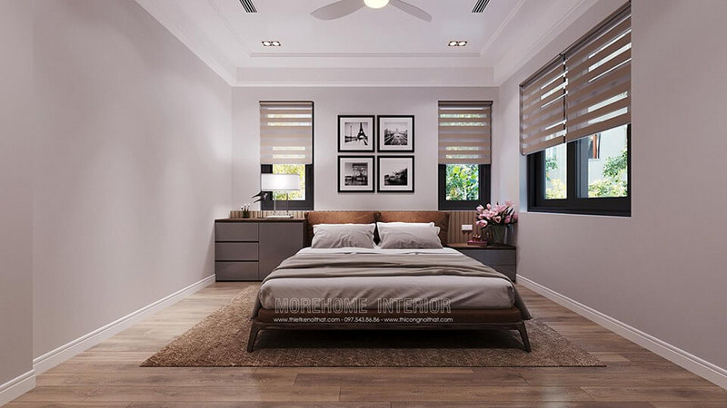 Thiết kế phòng ngủ biệt thự Starlake Tây Hồ đẹp với mẫu giường ngủ gỗ óc chó hiện đại