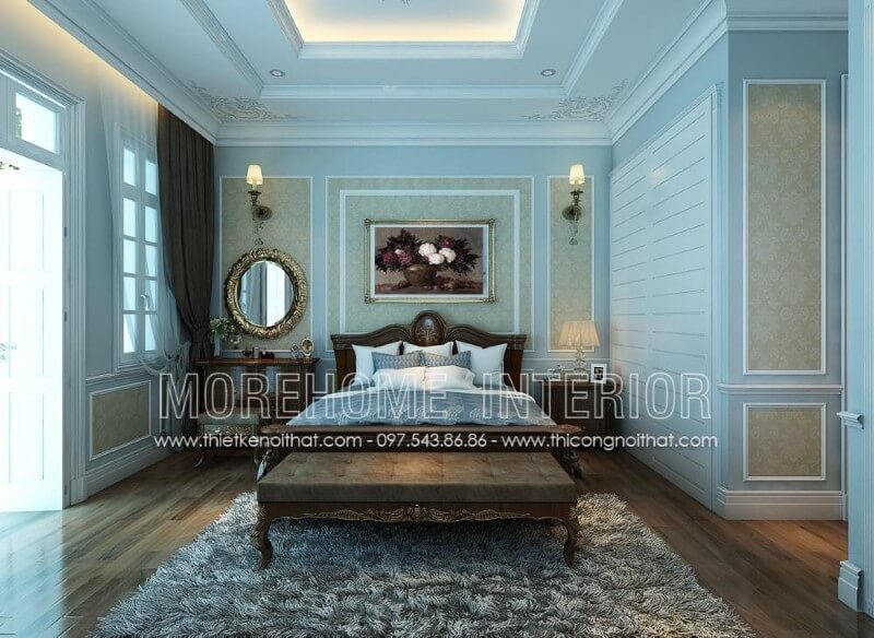 Giường ngủ gỗ óc chó kiểu dáng tân cổ điển sang trọng này sẽ là điểm nhấn đáng chú ý tại không gian phòng ngủ biệt thự này