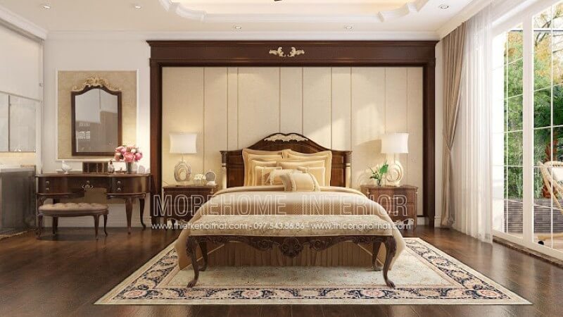Mẫu thiết kế giường gỗ óc chó phong cách tân cổ điển đẹp đắt tiền cho phòng ngủ biệt thự