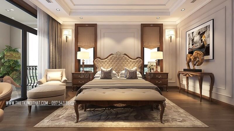Mẫu giường ngủ gỗ óc chó đẹp tại biệt thự vinhomes greenbay hà nội Thiết kế phòng ngủ gỗ óc chó