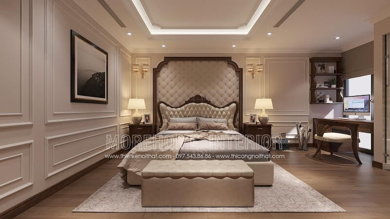 Thiết kế giường ngủ gỗ óc chó bọc da tân cổ điển cao cấp cho biệt thự Thiết kế phòng ngủ gỗ óc chó