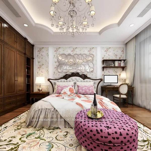 Trang trí nội thất phòng ngủ đẹp với giường gỗ óc chó kiểu dáng tân cổ điển, đầu giường bọc da Thiết kế phòng ngủ gỗ óc chó