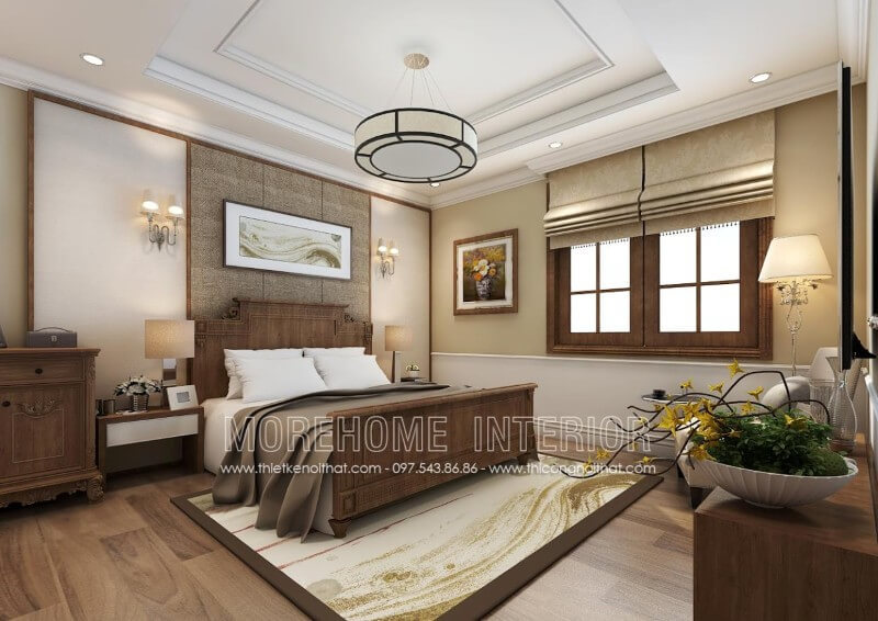 Sản phẩm giường ngủ gỗ óc chó tân cổ điển truyền thống đẹp tinh tế do Morehome thiết kế và sản xuất Thiết kế phòng ngủ gỗ óc chó