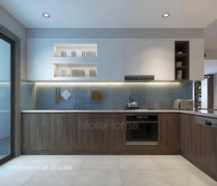 Mang đến sắc xanh của trời vào nơi giữ lửa của gia đình, bạn chọn kính màu ốp bếp tạo sự cao cấp mà thư thái cho cả không gian. Kính ốp bếp đẹp