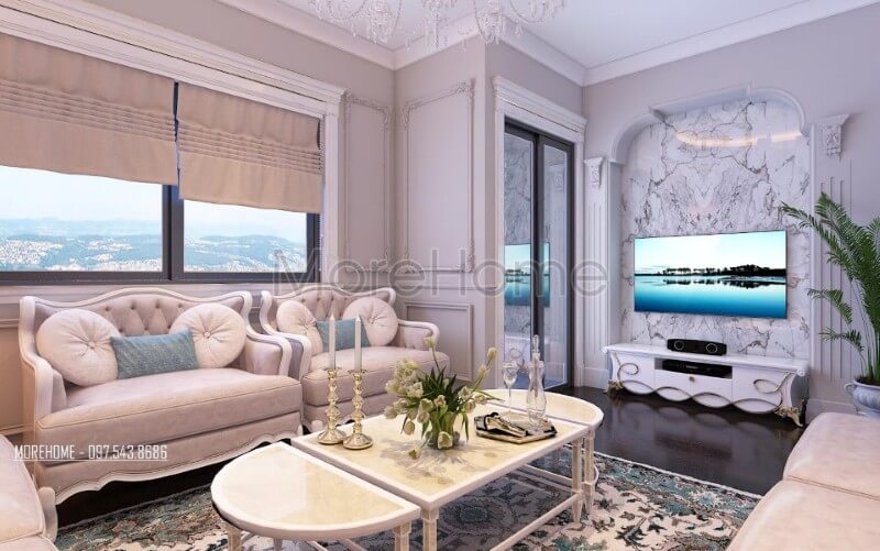 Mẫu sofa phòng khách gỗ tự nhiên với tone màu trắng chủ đạo mang đến một không gian tiếp khách sang trọng và tinh tế. Tham khảo các mẫu thiết kế sofa phòng khách ấn tượng