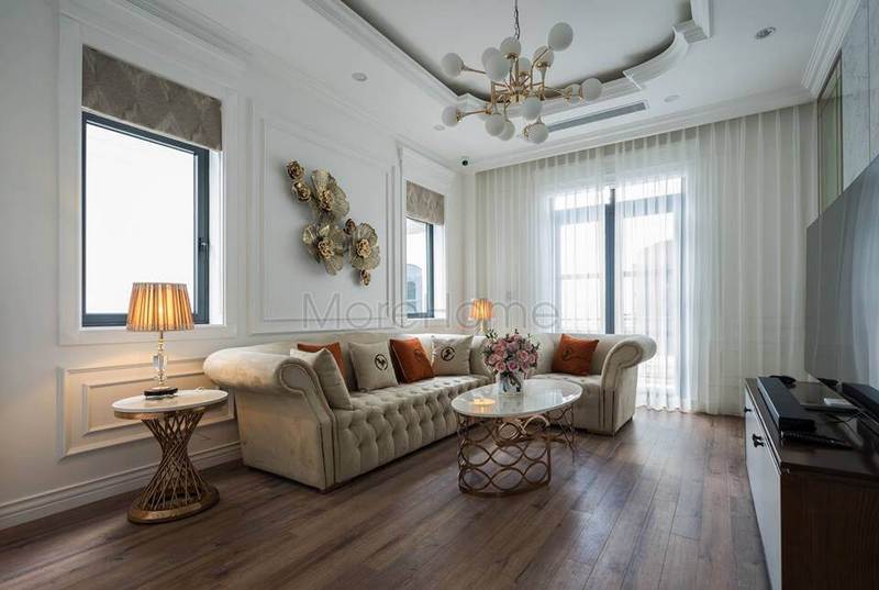 Thi công sofa bọc nỉ tân cổ điển trong không gian phòng khách biệt thự đẹp Xu hướng thiết kế mẫu sofa phòng khách đẹp nhất
