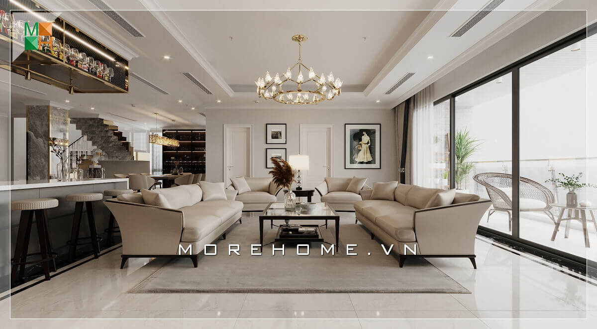 Mẫu sofa cao cấp đẹp, sang trọng, chất liệu chính của bộ bàn ghế sofa là bọc da chân gỗ đẹp màu trắng sữa phù hợp với tone màu chủ đạo của căn nhà. sofa phòng khách