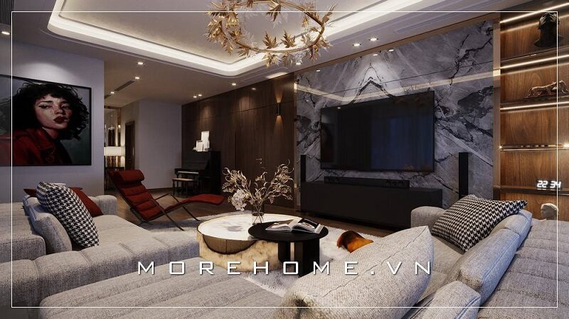 Mẫu thiết kế nội thất phòng khách biệt thự cao cấp với tông màu xám chủ đạo được yêu thích tại MoreHome thiết kế phòng khách hiện đại