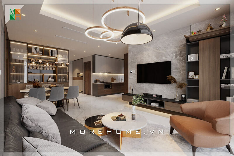Mẫu thiết kế kiến trúc phù hợp cho chung cư, nhà phố, với thiết kế liền không gian giữa phòng khách, phòng ăn và phòng bếp, mang lại không gian sống hiện đại trẻ trung mà cao cấp cho ngôi nhà của bạn thiết kế phòng khách hiện đại