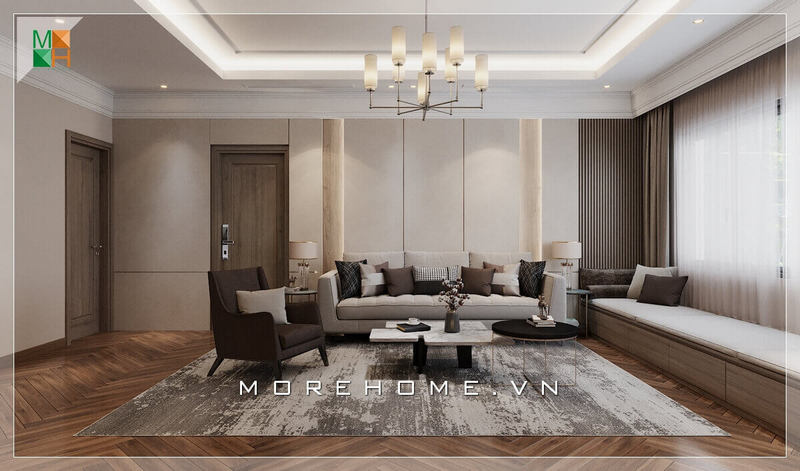 Một tấm thảm trải sàn sẽ giúp định hình được không gian phòng khách. Bộ sofa bọc nỉ cao cấp với bàn trà chân gỗ mặt đá nhân tạo kết hợp bàn tap trang trí chân sắt mạ vàng kiểu dáng độc đáo, tất cả mang đến một vẻ đẹp hiện đại sang trọng cho không gian phòng khách của bạn thiết kế phòng khách hiện đại