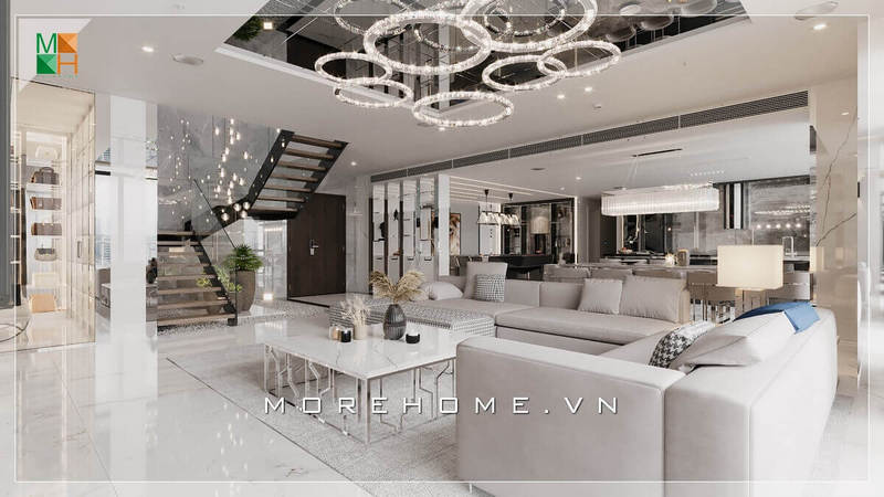 Mẫu thiết kế phòng khách dành cho biệt thự phong cách hiện đại, với đồ nội thất tông màu trắng xám vô cùng sang trọng cao cấp thiết kế phòng khách hiện đại