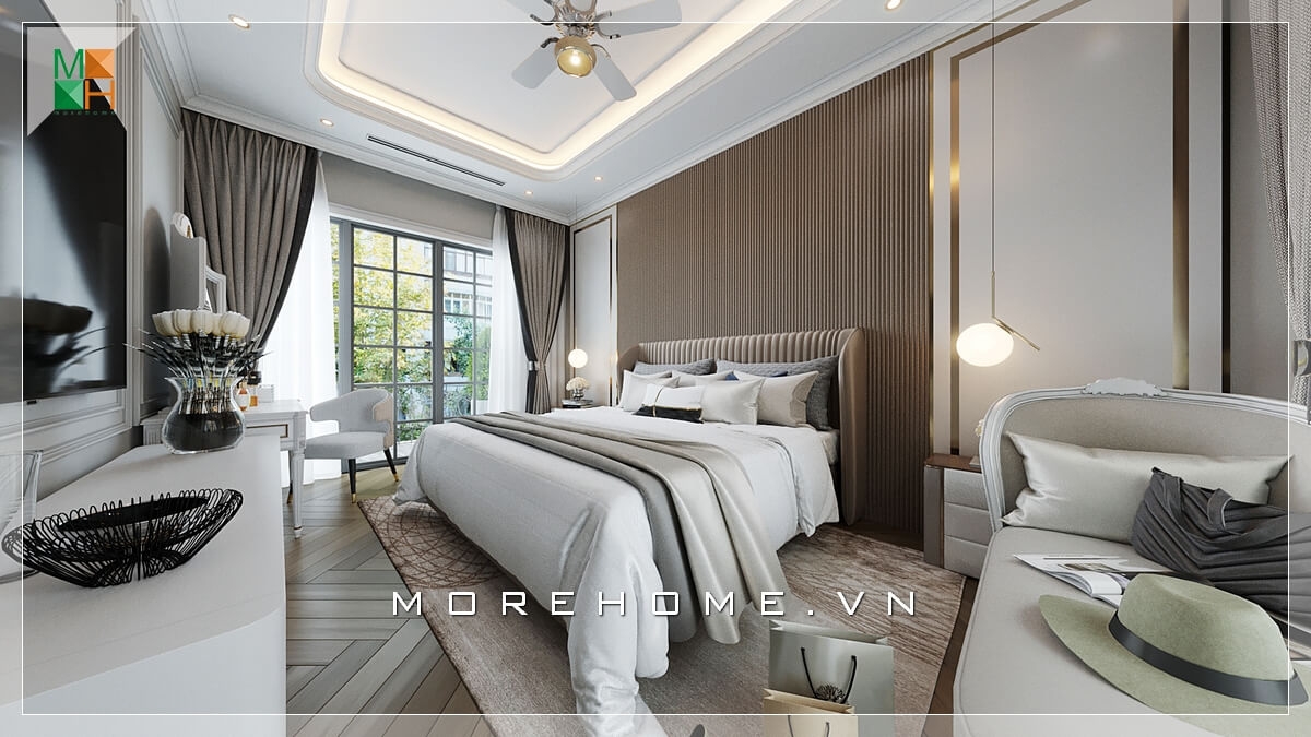 Mẫu giường ngủ bọc da đầu giường là trung tâm của phòng ngủ hiện đại trong thiết kế biệt thự, nhà phố cao cấp, sang trọng. thiết kế phòng ngủ