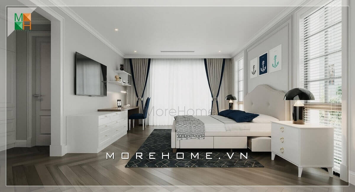 Thiết kế nội thất cao cấp trong phòng ngủ của nhà phố với màu trắng tinh tế trẻ trung được bố trí thống nhất và hợp lý. thiết kế phòng ngủ