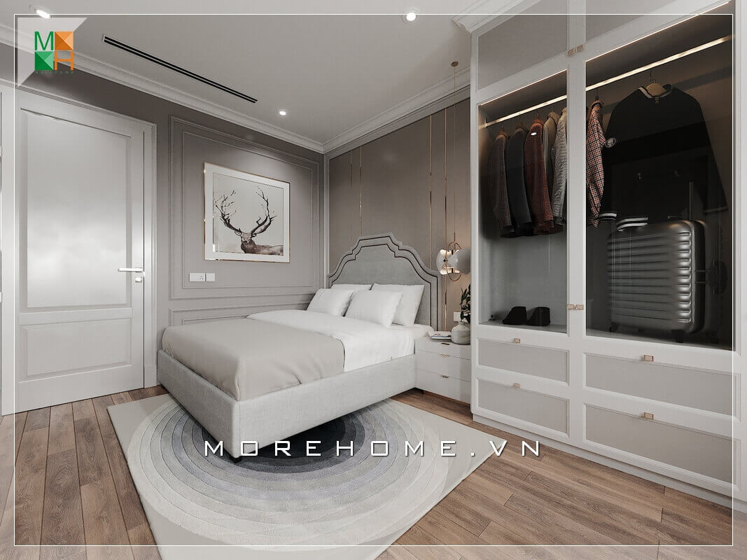 Tone màu chủ đạo của căn phòng ngủ là trắng và xám thích hợp cho phòng ngủ mang phong cách tân cổ điển sang trọng. thiết kế phòng ngủ