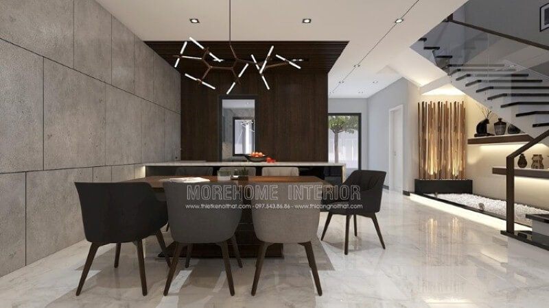 Bố trí phòng ăn với xu hướng sử dụng bàn ăn gỗ nguyên khối và bộ bàn ghế không đồng bộ màu sẽ mang lại cách nhìn mới lạ.
