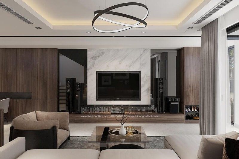 Trang trí tường phòng khách bằng đá nhân tạo đẹp sang trọng