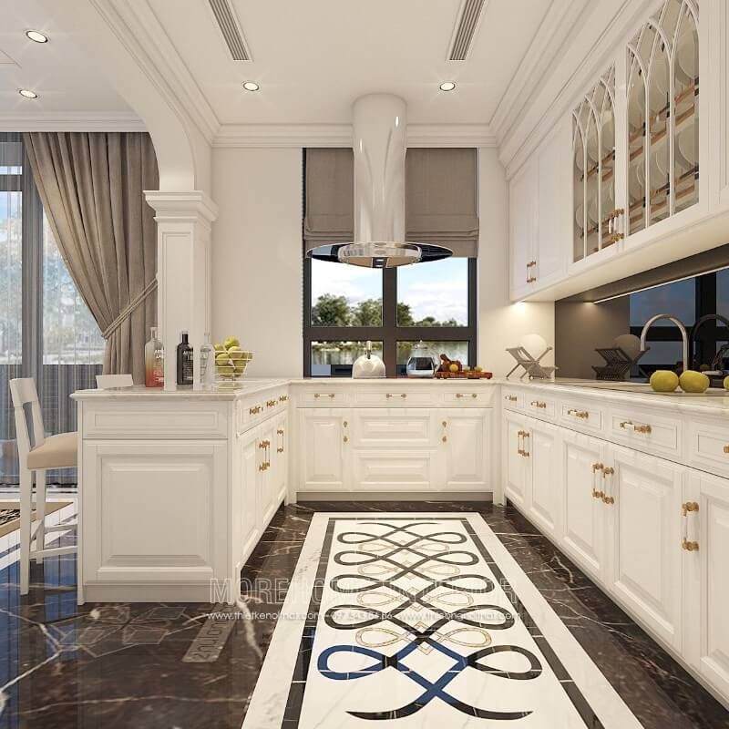 Hà Nội cung cấp một mẫu tủ bếp màu trắng tinh tế để trang trí phòng bếp biệt thự sang trọng.