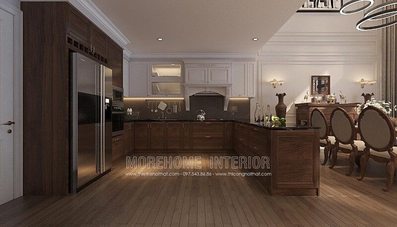 Sự kết hợp giữa 2 gam màu nâu trầm và trắng của mẫu tủ bếp gỗ tự nhiên nhập khẩu cao cấp sẽ tạo nên một cảm giác thanh thoát và nhẹ nhàng hơn.