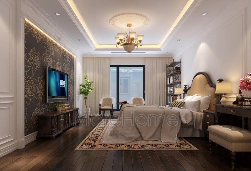 Phòng ngủ master có một mẫu giường ngủ cao cấp đẹp mắt và ấn tượng.