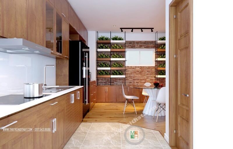 Mẫu thiết kế nội thất phòng bếp chung cư đẹp, tiện nghi và sang trọng với sự sử dụng của đồ nội thất gỗ hiện đại cao cấp và tối ưu hóa ánh sáng tự nhiên.