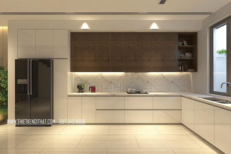 Tủ bếp gỗ công nghiệp chữ L hiện đại cung cấp nhiều ngăn tủ giúp tạo ra sự tiện nghi cho người nội trợ.