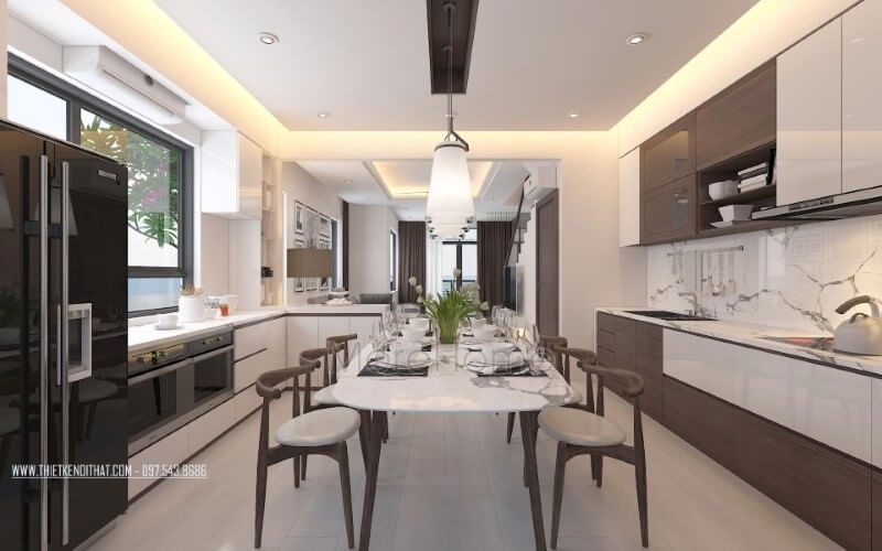 Thiết kế nội thất phòng bếp theo phong cách hiện đại, nhưng vẫn giữ được sự nhẹ nhàng và sang trọng.