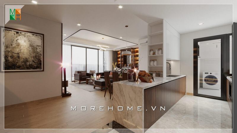 . Bàn đảo bếp gỗ công nghiệp kết hợp với mặt bàn đá nhân tạo và kệ đựng đồ đã làm ấn tượng với người sử dụng. Nó cung cấp sự thuận tiện trong việc sử dụng và định hình khu vực phòng bếp, tạo nên một phong cách hiện đại trẻ trung cho ngôi nhà của bạn.