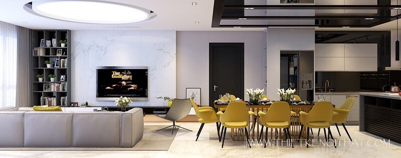 Kiến trúc sư đã khéo léo sử dụng chất liệu nhẹ để thiết kế nội thất chung cư đẹp, tạo ra một không gian thoáng và mở hơn. Họ tránh các cấu trúc built-in phức tạp, chắn tầm nhìn và tăng độ bí cho căn nhà.