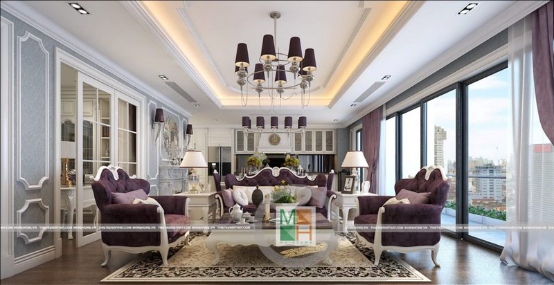 Thiết kế nội thất phòng khách sang trọng phong cách tân cổ điển Thiết kế nội thất phòng khách sang trọng phong cách tân cổ điển