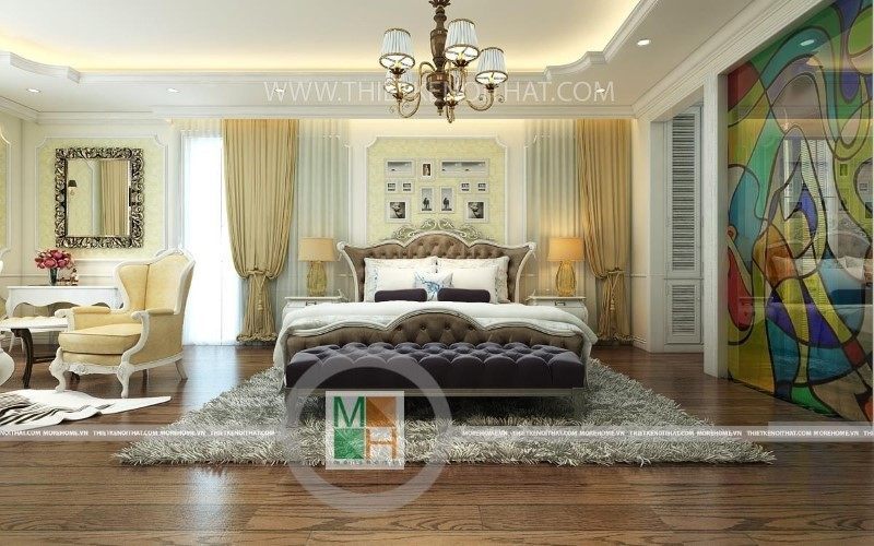 Thiết kế nội thất biệt thự theo phong cách tân cổ điển Thiết kế nội thất phòng ngủ theo phong cách tân cổ điển sang trọng với tông màu trắng nhẹ nhàng cho không gian không bị bí bách