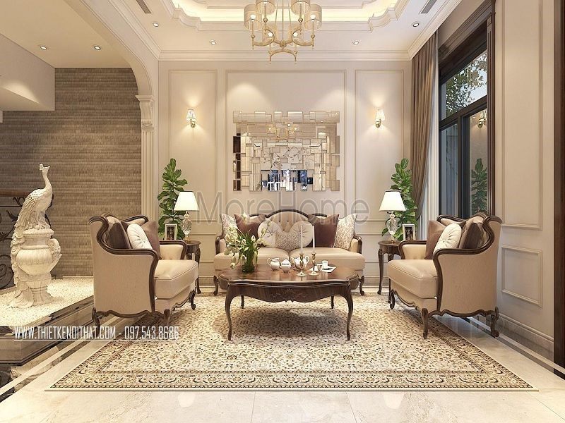 Thiết kế nội thất biệt thự theo phong cách tân cổ điển Thiết kế phòng khách với nội thất gỗ tự nhiên theo phong cách tân cổ điển sang trọng quý phái
