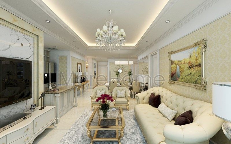 Thiết kế nội thất biệt thự theo phong cách tân cổ điển Thiết kế nội thất biệt thự tân cổ điển cho phòng khách với tông màu trắng sang trọng