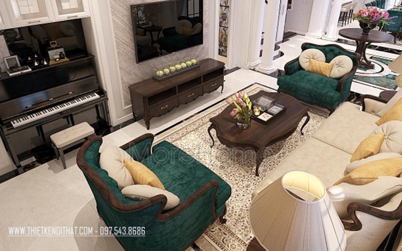 Thiết kế nội thất biệt thự theo phong cách tân cổ điển Thiết kế phòng khách với nội thất gỗ sang trọng, hút mắt ngay từ khi bước vào nhà