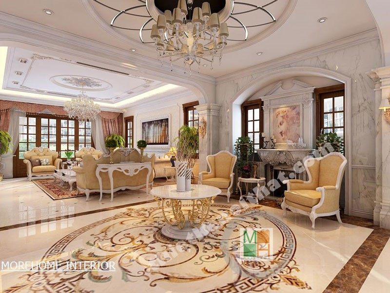 Thiết kế nội thất biệt thự theo phong cách tân cổ điển Thiết kế phòng khách theo phong cách tân cổ điển với nội thất gỗ tự nhiên sang trọng